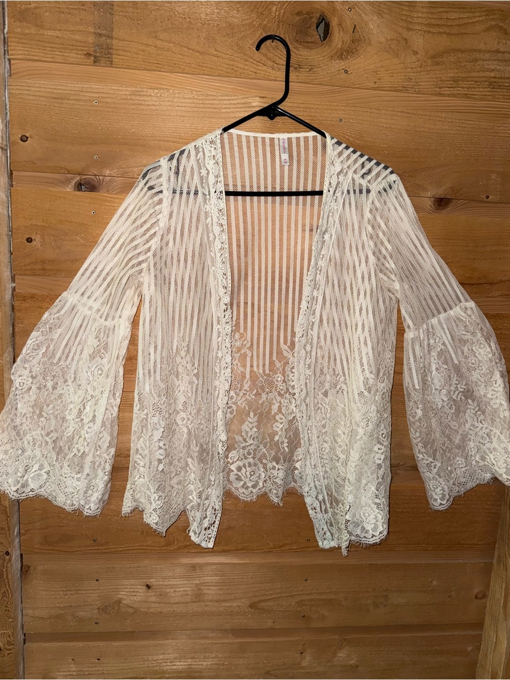 Ivory Sheer Lace Striped/ floral Lace open front bell sleeve cardigan